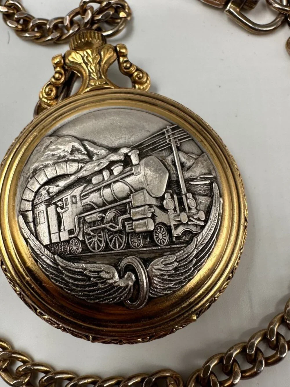 Vintage Majestron Train Pocket Watch Silver Gold Tone Chain Included New Battery